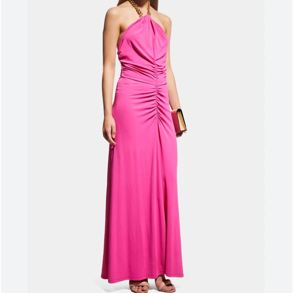 VERONICA BEARD Reze chain-embellished ruched stretch-jersey halterneck maxi dres